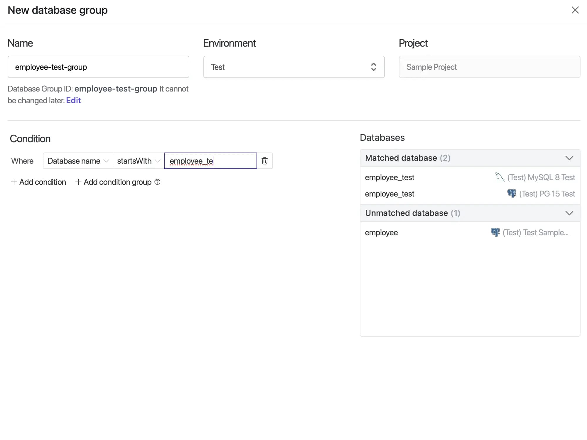 Database and table group